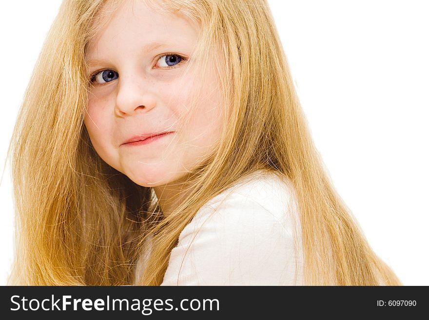 Small smiling girl with fair hair on white background