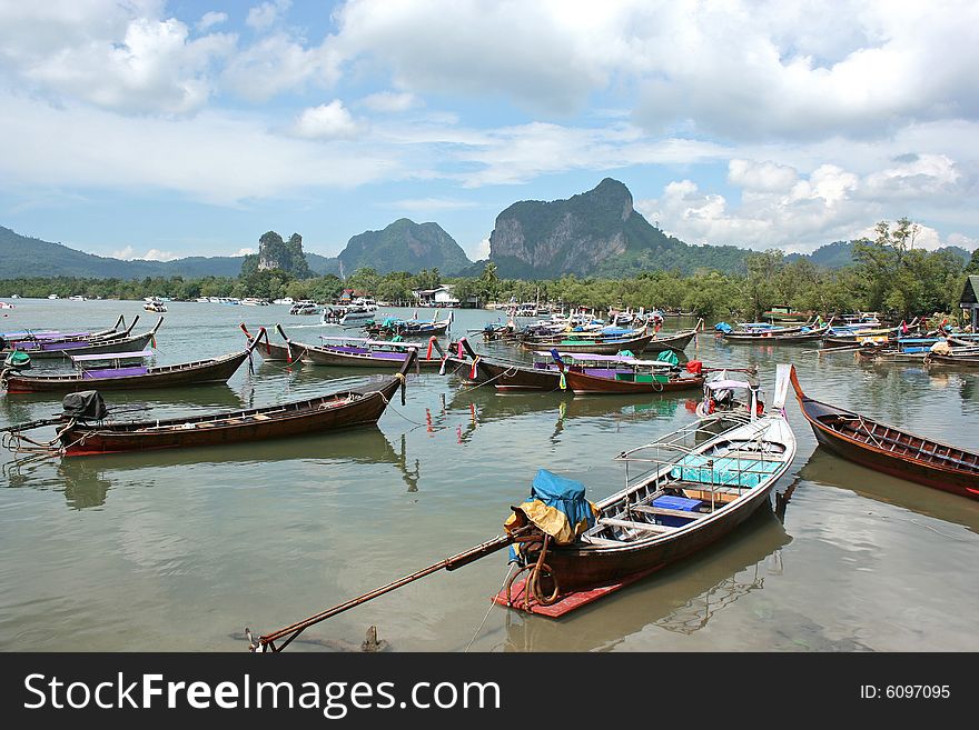 Boats in bay in Krabi, Thailad