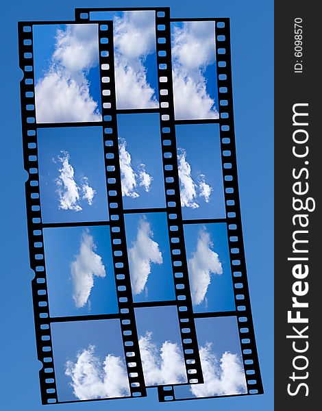 Illustration of 35mm filmstrips with blue skies and clouds on blue background. Illustration of 35mm filmstrips with blue skies and clouds on blue background.