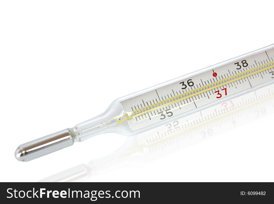 Isolated medical mercury thermometer. Focus on red number.