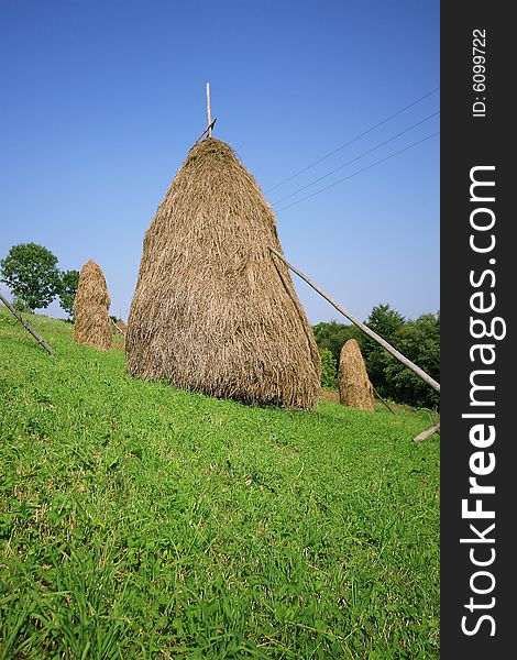 Three haystacks on a background of the blue sky and green grass