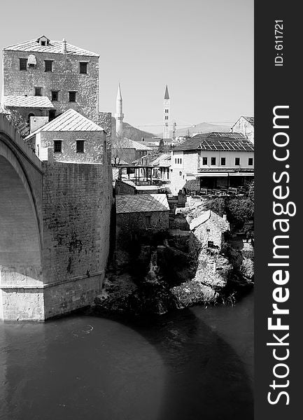 The old bridge in Mostar built 1566 by neimar Hajrudin protected by UNESCO