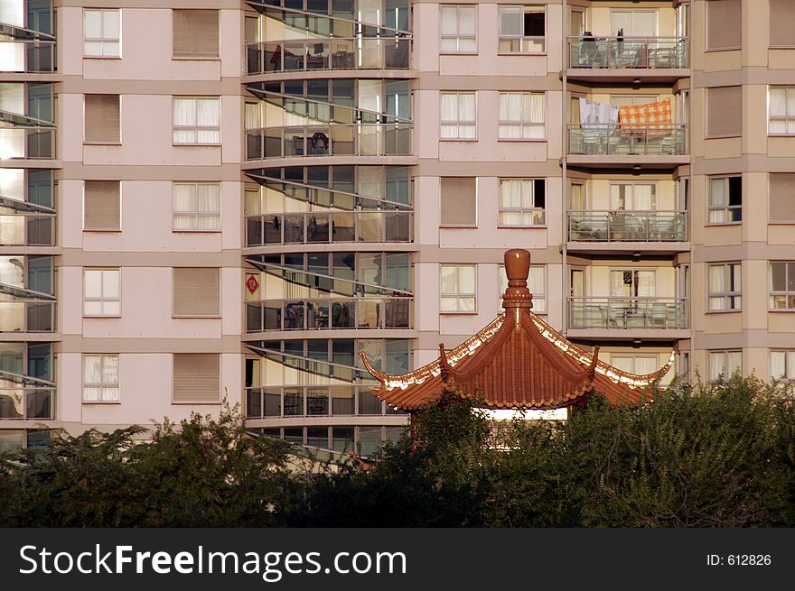 Chinese Roof, Urban Apartment Building, Evening Sun, Sydney, Australia