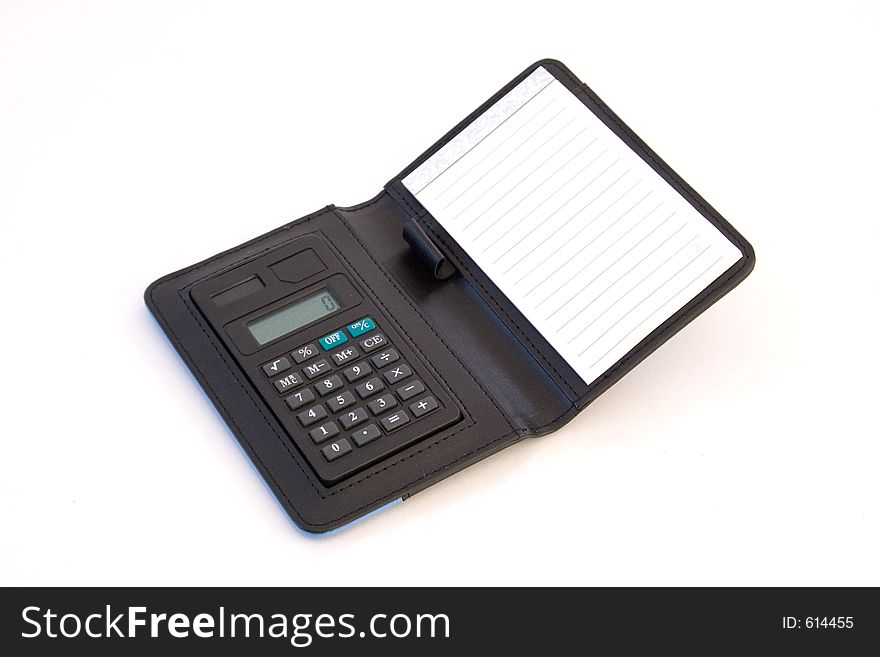 Calculator in a leather wallet with notepad. Calculator in a leather wallet with notepad