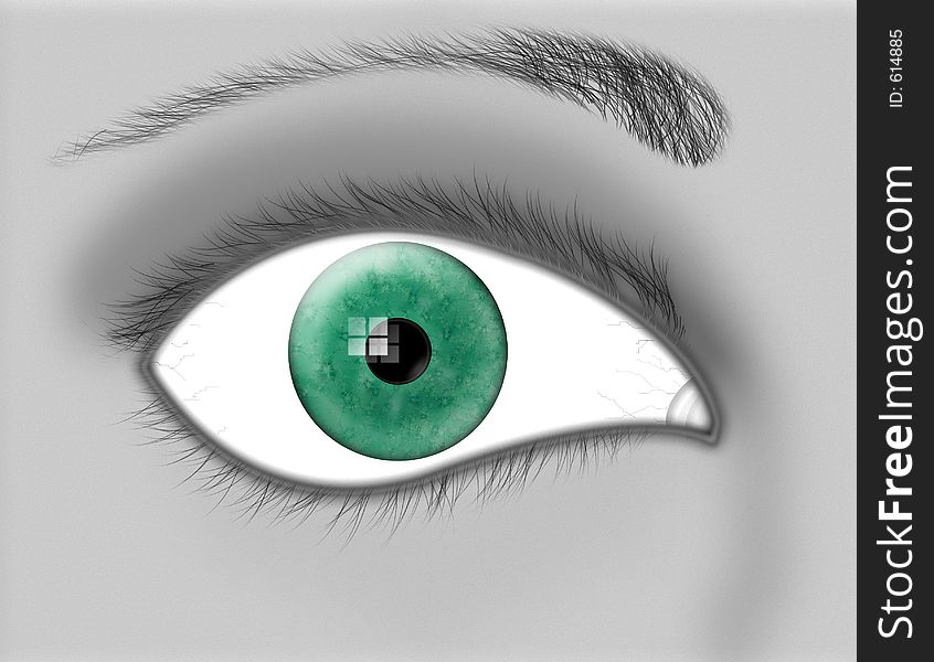A green iris peers at the viewer out of a grayscale closeup of the eye