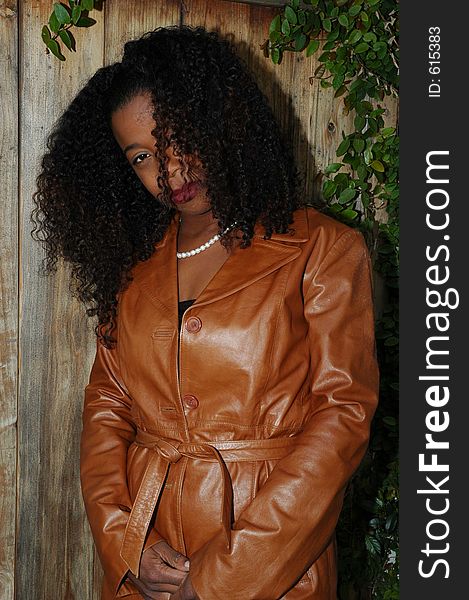 Model in leather coat. Model in leather coat