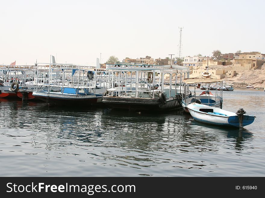 Tourist boats at a pier in Egypt