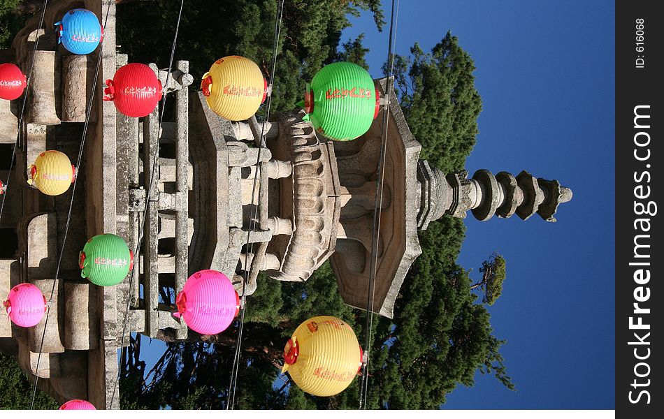 Chinese lanters decorate a pagoda in Bulguksa temple. The most famous temple in Korea. This pagoda is so revered it's on the back of the 10 won coin. Chinese lanters decorate a pagoda in Bulguksa temple. The most famous temple in Korea. This pagoda is so revered it's on the back of the 10 won coin.