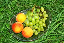 Peach And Green Grapes In Grass Stock Photography