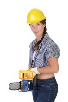 Beauty Woman With Chainsaw Royalty Free Stock Images Beauty Woman With Chainsaw Royalty Free Stock Images