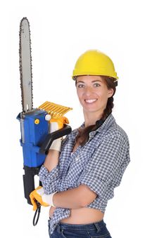Beauty Woman With Chainsaw Stock Photography Beauty Woman With Chainsaw Stock Photography