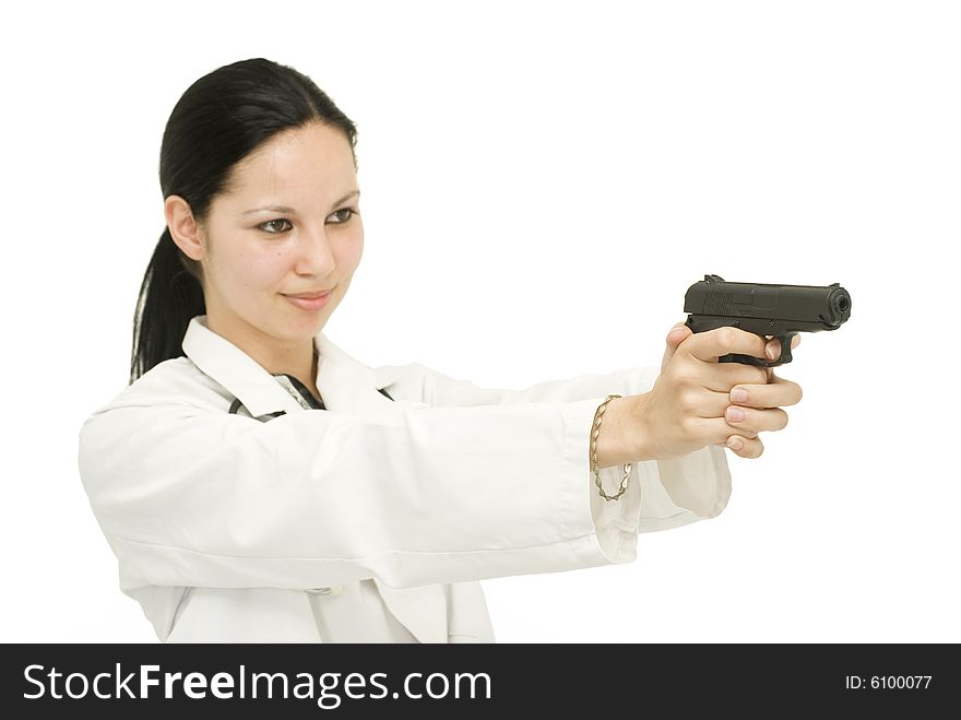 Doctor in white uniform holding a gun. Doctor in white uniform holding a gun