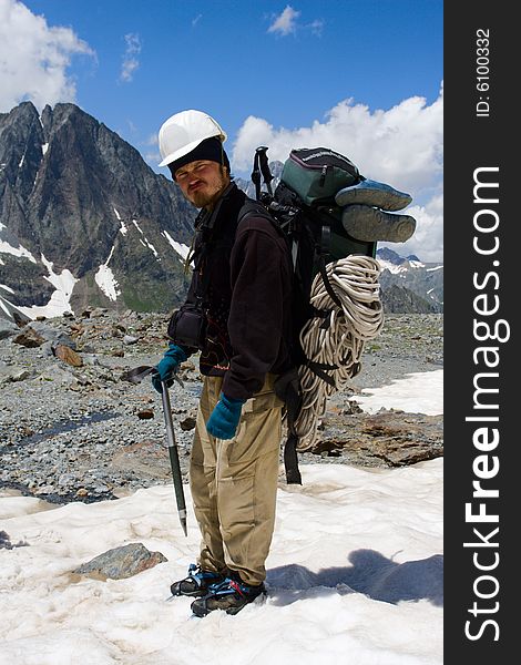 Climber man in Caucasus mountains