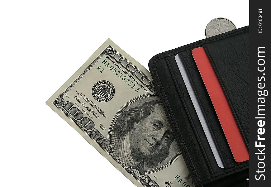 Purse and money in a corner on a white background