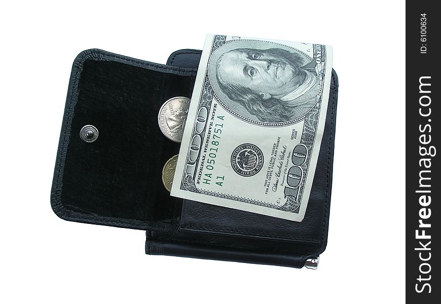 Purse and money on a white background