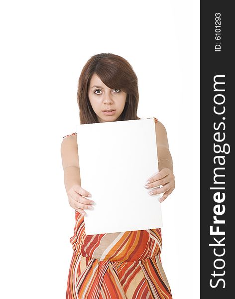 Girl holding a piece of white paper. Girl holding a piece of white paper