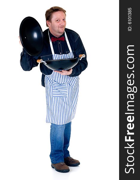 Happy cook showing wok on white background, reflective surface