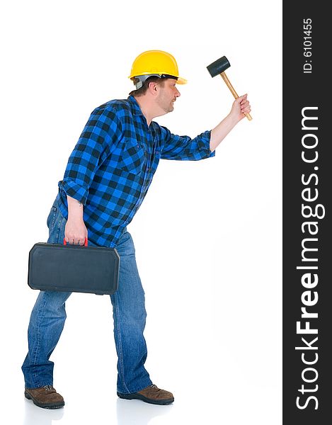 Carpenter at work, white background, reflective surface, studio shot