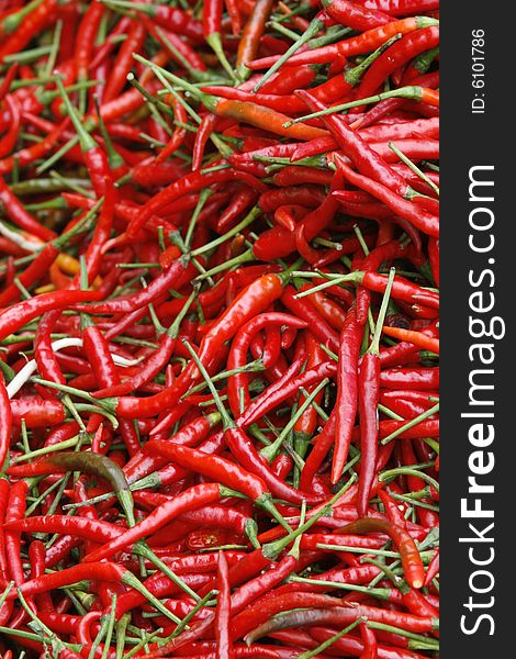 A close up with many red spicy peppers. A close up with many red spicy peppers