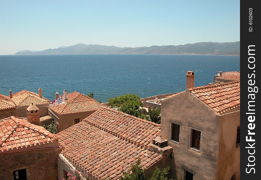 Greece, travel, medieval, castle, resort, seaside, Monemvasia, Peloponnese, tourism, ceramic tiles, roof. Greece, travel, medieval, castle, resort, seaside, Monemvasia, Peloponnese, tourism, ceramic tiles, roof