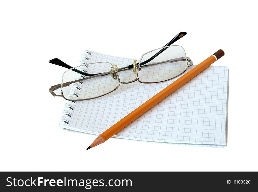 Opened notebook with spectacles and pencil lying on wooden background. Opened notebook with spectacles and pencil lying on wooden background