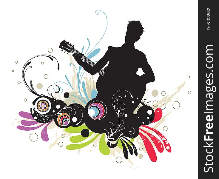 Illustration of a guitarist and decorative patterns