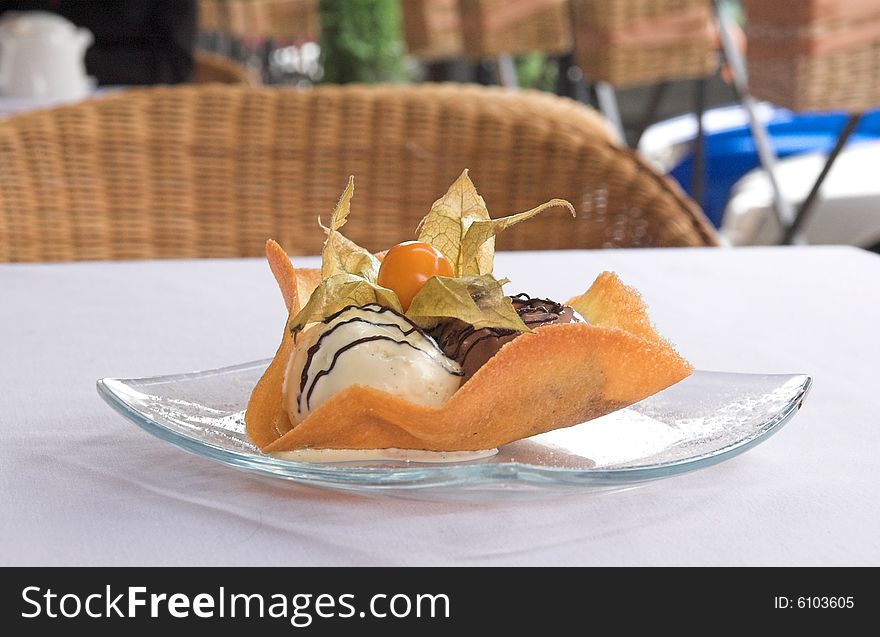 Dessert from ice-cream, chocolate and caramel