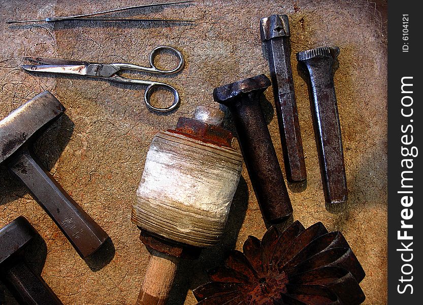 Old iron and steel tools. Old iron and steel tools