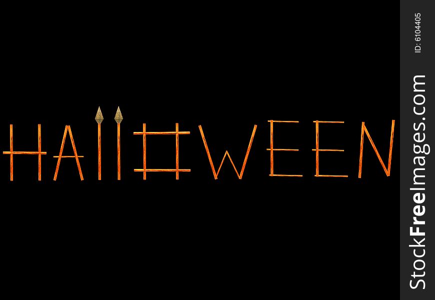 3D an illustration with the image of a word a Halloween made of wooden sticks.