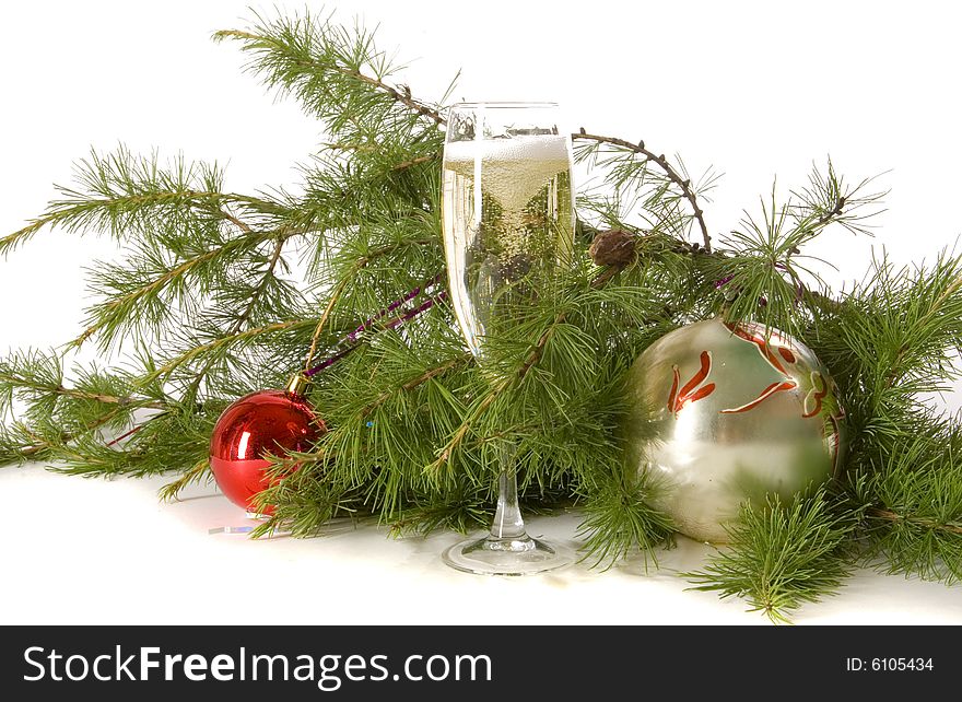 Christmas composition with champagne and christmas tree