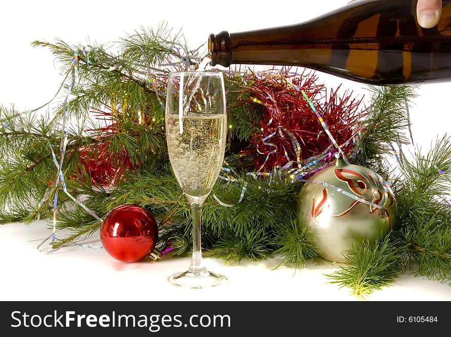 Christmas composition with champagne and christmas tree