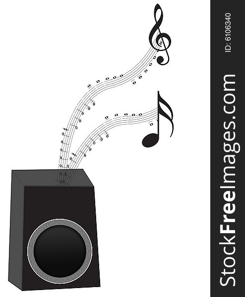 Illustration of speaker with music notes in white background