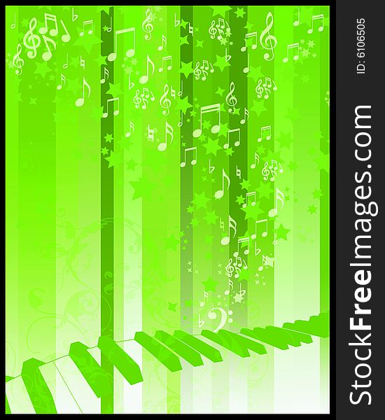 Keyboard on green background with stars  and musical notes. Keyboard on green background with stars  and musical notes