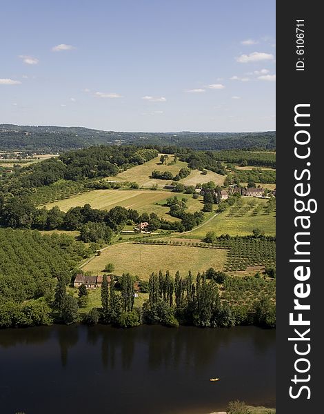 View over fields and the River Dordogne in France