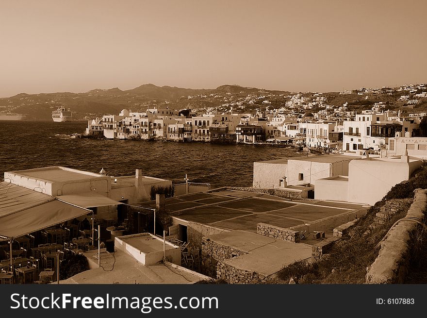 An image of the popular Greek Island called Mykonos. The shot was taken close to sun set. An image of the popular Greek Island called Mykonos. The shot was taken close to sun set.