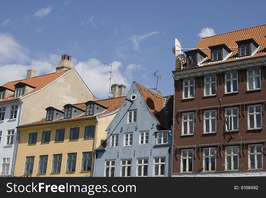 Old buildings from copenhagen with blue sky.