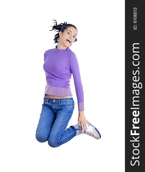 Young woman jumping, isolated on white background