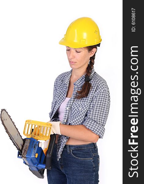 Beauty woman with chainsaw on white background