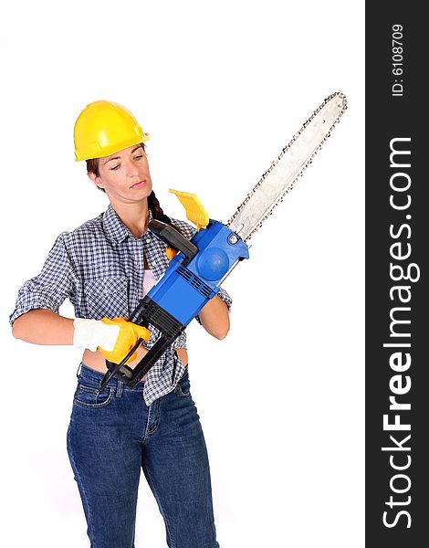 Beauty woman with chainsaw on white background