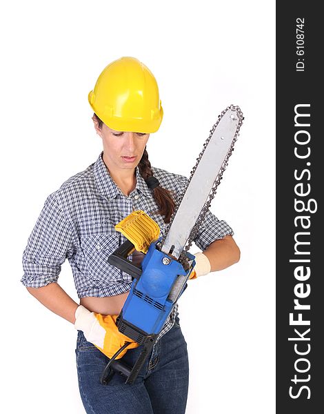 Beauty woman with chainsaw on white background