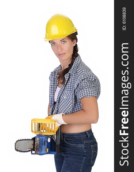 Beauty woman with chainsaw on white background