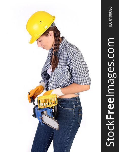 Beauty woman with chainsaw on white background