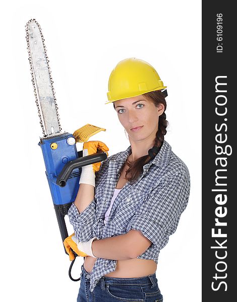 Beauty woman with chainsaw on white background