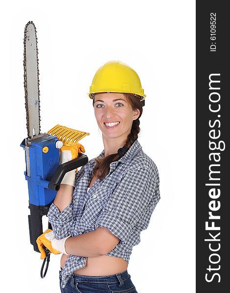 Beauty woman with chainsaw on white background