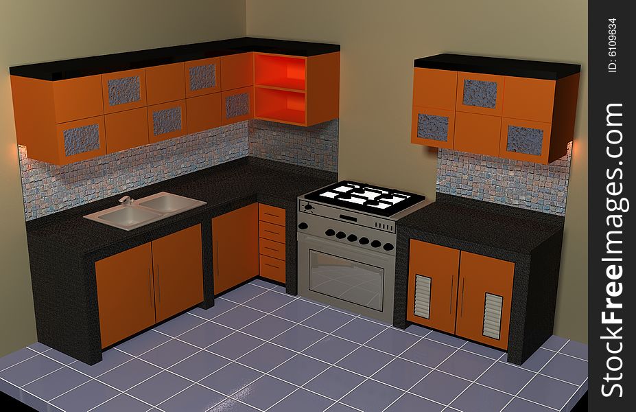 Nice kitchen set can be used for a little home that combined from wood, granit, glass, and lamp behind