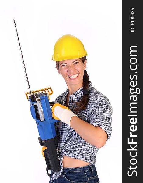 Mad woman with chainsaw on white background