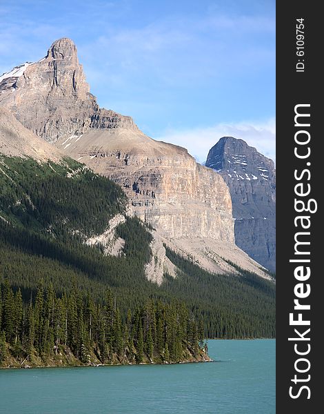 Rugged peaks above Maligne Lake in Jasper National Park, Canadian Rockies