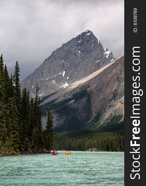 Rugged peaks above Maligne Lake in Jasper National Park, Canadian Rockies