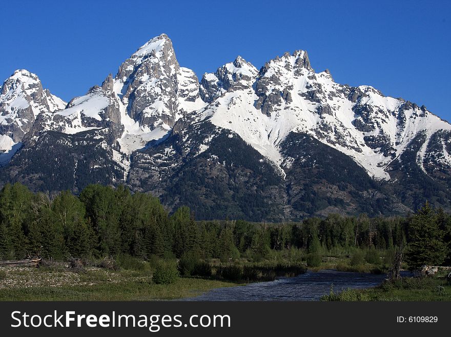 View of snow-covered mountain peaks behind forest and stream