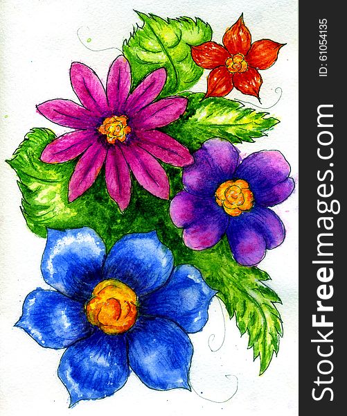 Decorative ornament with colorful flowers painted in watercolor. Decorative ornament with colorful flowers painted in watercolor.